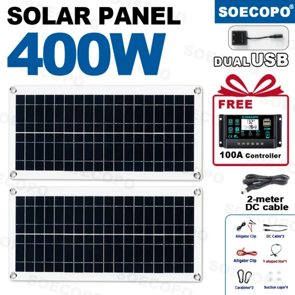 ชุดแผงโซลาร์เซลล์ SOECOPO 400W แบบพับได้ 2 แผง 18V สำหรับตั้งแคมป์ มาพร้อมคอนโทรลเลอร์ 100A ฟรี และพอร์ต USB 5V สำหรับการชาร์จที่ง่ายดาย 1
