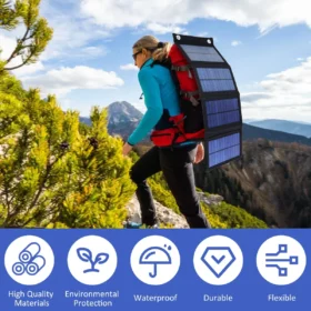 เครื่องชาร์จพับแผงโซลาร์เซลล์ซิลิคอนคริสตัล 100W IP65 เครื่องชาร์จพลังงานแสงอาทิตย์ USB กันน้ําพร้อมตะขอ 2 อันกําลังไฟกลางแจ้งน้ําหนักเบา 2