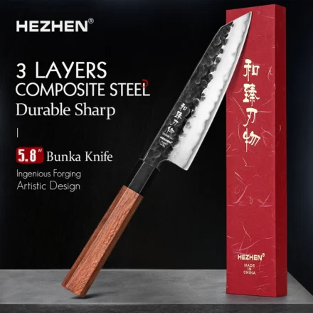 HEZHEN 5.8 นิ้ว Bunka มีดสามชั้นเหล็กสแตนเลสสีแดงไม้ Handle KITCHEN ทําอาหาร Utility มีดของขวัญกล่อง 1