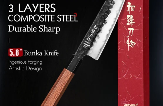 HEZHEN 5.8 นิ้ว Bunka มีดสามชั้นเหล็กสแตนเลสสีแดงไม้ Handle KITCHEN ทําอาหาร Utility มีดของขวัญกล่อง 1