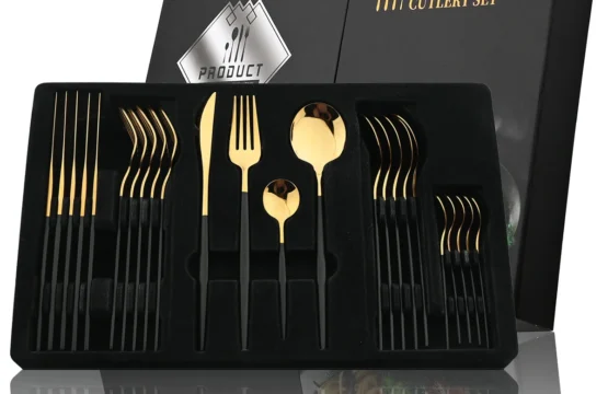 24 ชิ้นสีดํา Golden ชุดช้อนส้อมสแตนเลสมีดช้อนส้อมบนโต๊ะอาหาร Flatware ชุดเทศกาลครัวอาหารเย็นของขวัญ 1
