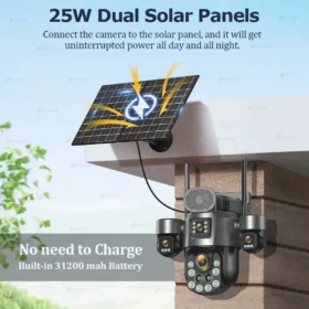 กล้องวงจรปิด 4G SIM พลังงานแสงอาทิตย์ PTZ บันทึกภาพสี่จอ AOV บันทึกตลอด 24 ชั่วโมง แบตเตอรี่ 31200mah สำหรับภายนอกอาคาร ซูมออปติคอล 60 เท่า ติดตามอัตโนมัติ 3