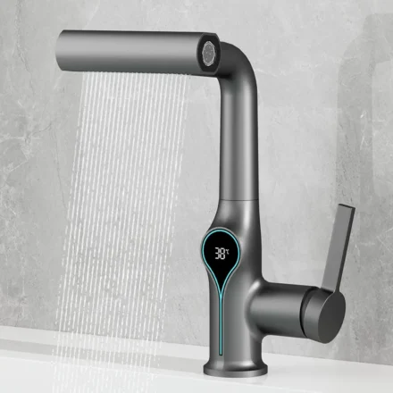 ก๊อกน้ำอเนกประสงค์แบบน้ำตก 4 โหมด พร้อมหัวฉีดแบบดึงออกได้ สำหรับห้องน้ำและห้องครัว พร้อมหน้าจอ LED อัจฉริยะ 1