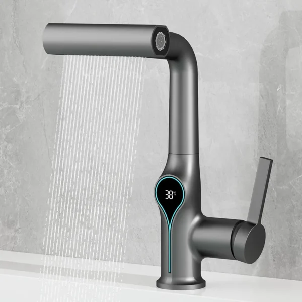 ก๊อกน้ำอเนกประสงค์แบบน้ำตก 4 โหมด พร้อมหัวฉีดแบบดึงออกได้ สำหรับห้องน้ำและห้องครัว พร้อมหน้าจอ LED อัจฉริยะ 1