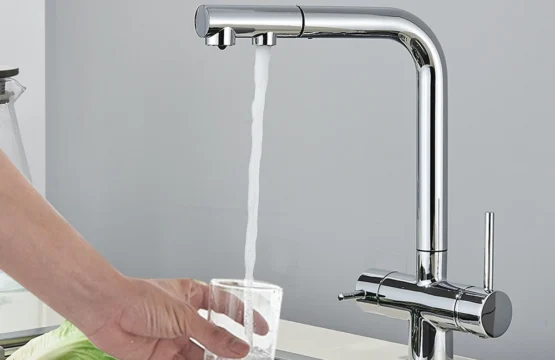 โครเมี่ยมทองเหลืองดึงกรองก๊อกน้ำสำหรับห้องครัวที่จับแบบคู่ร้อนเย็นน้ำดื่ม3-Way Filter Purification Taps 1