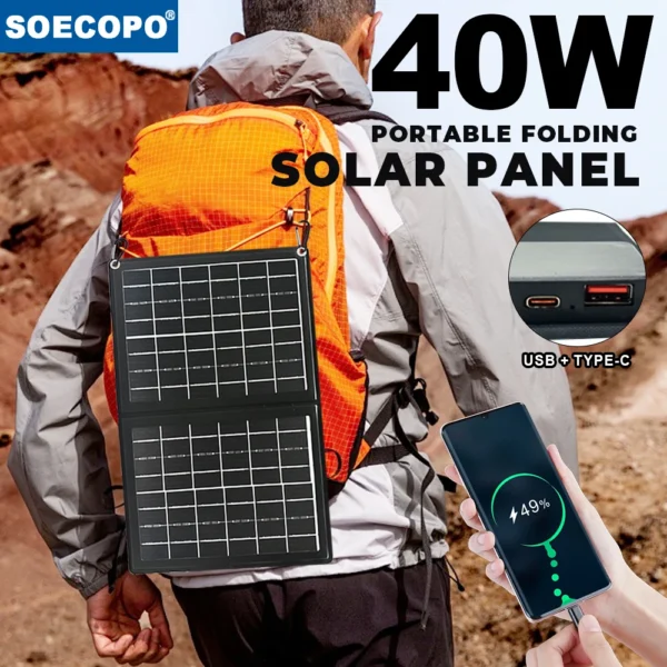 SOECOPO 40W กิจกรรมกลางแจ้งแบบพกพาแผงพลังงานแสงอาทิตย์แบบพับได้ Power Bank USB + Type-C Camping ชาร์จโทรศัพท์ปฏิบัติ 5V 1