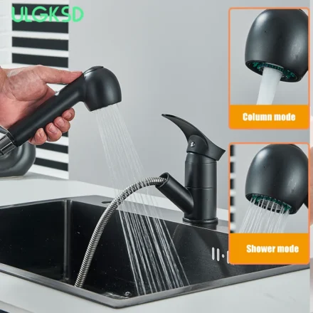 แบล็คด้าน 360 °   การหมุนดึงออกก๊อกน้ําทองเหลืองร้อนและเย็นผสมอ่างล้างจานแตะกว้างเดี่ยวก๊อกน้ําห้องครัวดาดฟ้า instal 1