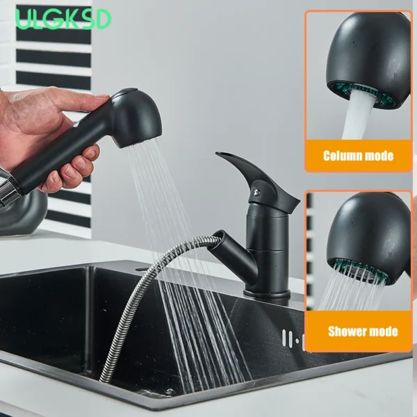 แบล็คด้าน 360 °   การหมุนดึงออกก๊อกน้ําทองเหลืองร้อนและเย็นผสมอ่างล้างจานแตะกว้างเดี่ยวก๊อกน้ําห้องครัวดาดฟ้า instal 1