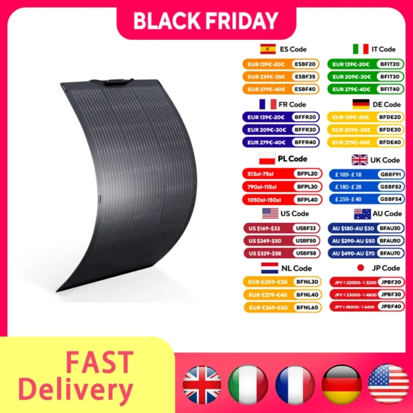 แผงโซลาร์เซลล์แบบพกพา ALLPOWERS SF200 200W / 100W SF100 แผงโซลาร์เซลล์แบบยืดหยุ่น ชาร์จไฟด้วยพลังงานแสงอาทิตย์ ระบบไฟฟ้าโซลาร์เซลล์ ระดับการป้องกันน้ำ IP68 สำหรับใช้งานนอกเครือข่ายไฟฟ้า บนหลังคา รถบ้าน ระเบียง 1