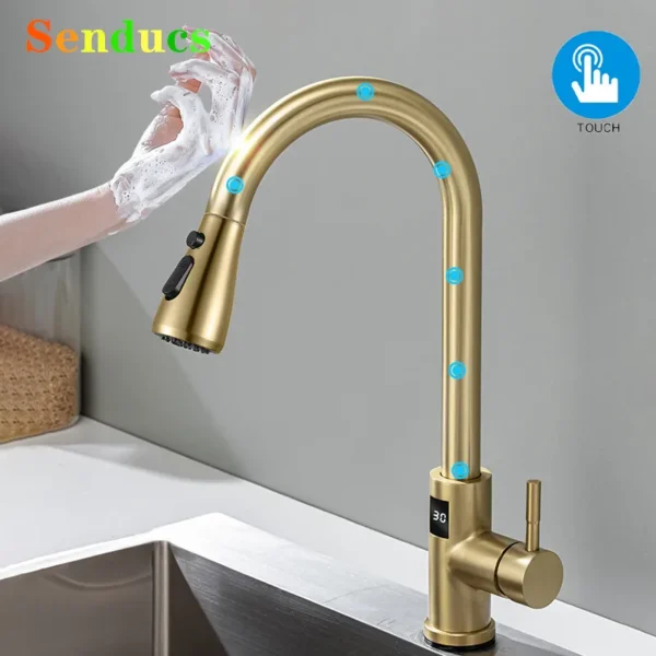 เซนเซอร์สัมผัสก๊อกน้ําอ่างล้างจานดิจิตอลพร้อมเครื่องพ่นสารเคมีแบบดึงลงร้อนเย็นผสมครัวแตะแปรงทองดึงออกก๊อกน้ําห้องครัว 1