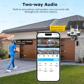 กล้องวงจรปิดพลังงานแสงอาทิตย์ 4 เลนส์ รองรับซิม 4G ซูมออปติคอล 60 เท่า ติดตามบุคคล ใช้งานกลางแจ้ง แบตเตอรี่ 31200 มิลลิแอมป์ บันทึก 24 ชั่วโมง กล้องรักษาความปลอดภัยแบบ IP 6