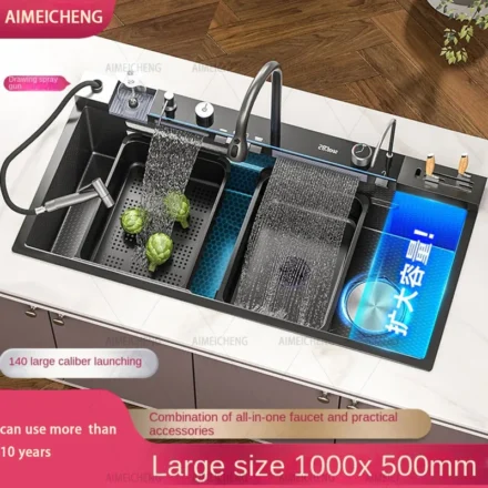 สมาร์ทมัลติฟังก์ชั่เปียโนคีย์น้ําตกอ่างล้างจานขนาดใหญ่ 304 อ่างล้างจานสแตนเลสสตีลพร้อมที่วางจานแห้ง 1
