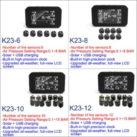 ระบบตรวจสอบความดันยางรถ TPMS ชาร์จพลังงานแสงอาทิตย์จอแสดงผล LCD 6/8/10/12 เซ็นเซอร์ความดันยางและอุณหภูมิความปลอดภัยนาฬิกาปลุก 6