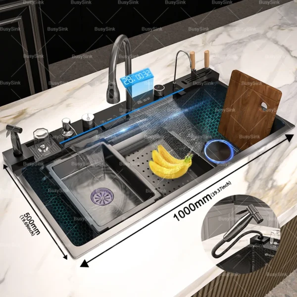 อ่างล้างจานสแตนเลสแบบมีน้ำตก อ่างเดี่ยวขนาดใหญ่พิเศษ พร้อมหน้าจอดิจิตอล อ่างล้างจานอเนกประสงค์ 1