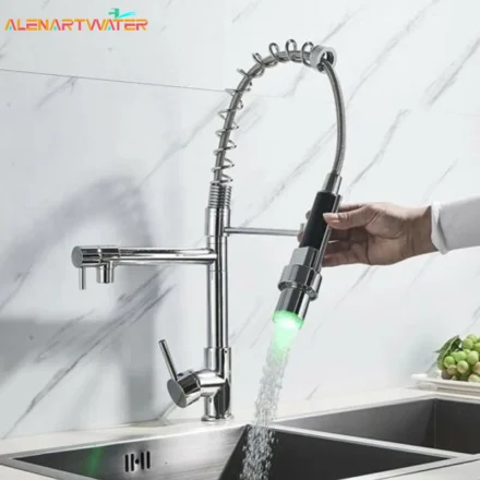 ฤดูใบไม้ผลิ LED ก๊อกน้ําห้องครัว Chrome ดึง Sprayer Dual Spout เดี่ยว TAP ก๊อกน้ําอ่างล้างจาน 360 หมุนก๊อกน้ําห้องครัว 1