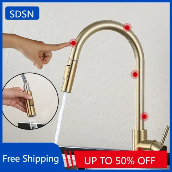 Brushed Gold Touch ก๊อกน้ําห้องครัว 304 สแตนเลสร้อนเย็นดึงออกอ่างล้างจาน Tap สมาร์ท Touch บนก๊อกน้ําห้องครัว 1