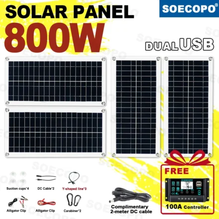 ชุดแผงโซลาร์เซลล์พกพา SOECOPO 800W: แผง 4*200W, แถมฟรีคอนโทรลเลอร์ 100A, USB 5V สำหรับอุปกรณ์ตั้งแคมป์ ชาร์จโทรศัพท์ในรถบ้าน 1