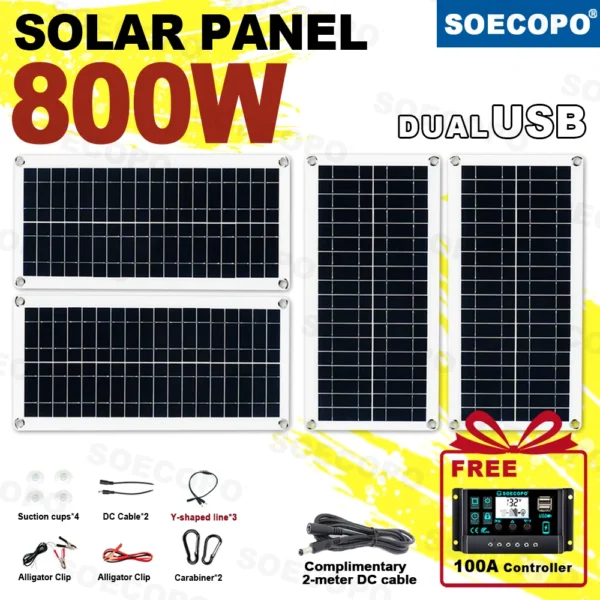 ชุดแผงโซลาร์เซลล์พกพา SOECOPO 800W: แผง 4*200W, แถมฟรีคอนโทรลเลอร์ 100A, USB 5V สำหรับอุปกรณ์ตั้งแคมป์ ชาร์จโทรศัพท์ในรถบ้าน 1
