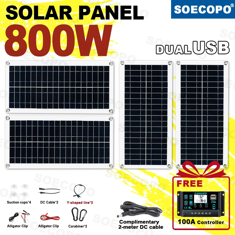 ชุดแผงโซลาร์เซลล์พกพา SOECOPO 800W: แผง 4*200W, แถมฟรีคอนโทรลเลอร์ 100A, USB 5V สำหรับอุปกรณ์ตั้งแคมป์ ชาร์จโทรศัพท์ในรถบ้าน 1 ชุดแผงโซลาร์เซลล์พกพา SOECOPO 800W: แผง 4*200W, แถมฟรีคอนโทรลเลอร์ 100A, USB 5V สำหรับอุปกรณ์ตั้งแคมป์ ชาร์จโทรศัพท์ในรถบ้าน 1