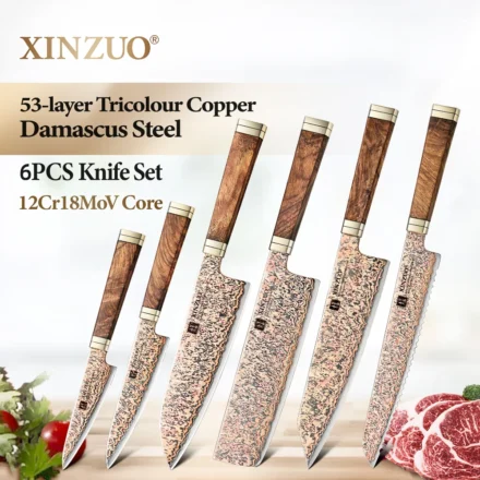 ชุดมีดครัว XINZUO ระดับไฮเอนด์ 1-6 ชิ้น ชุดมีดทำครัว 53 ชั้น เหล็กดามัสกัสทองแดงสามสี พร้อมด้ามจับไม้พะยูงลาย 1