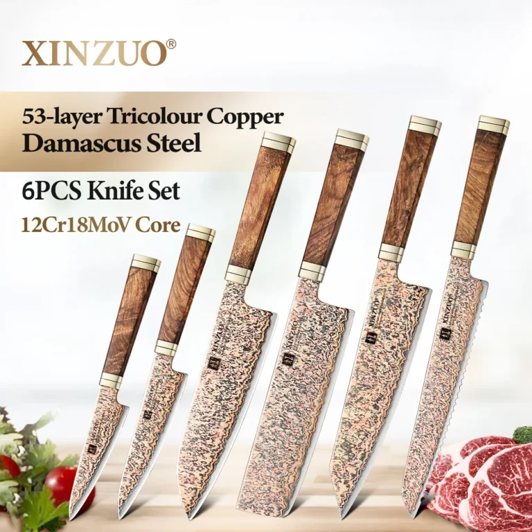 ชุดมีดครัว XINZUO ระดับไฮเอนด์ 1-6 ชิ้น ชุดมีดทำครัว 53 ชั้น เหล็กดามัสกัสทองแดงสามสี พร้อมด้ามจับไม้พะยูงลาย 1