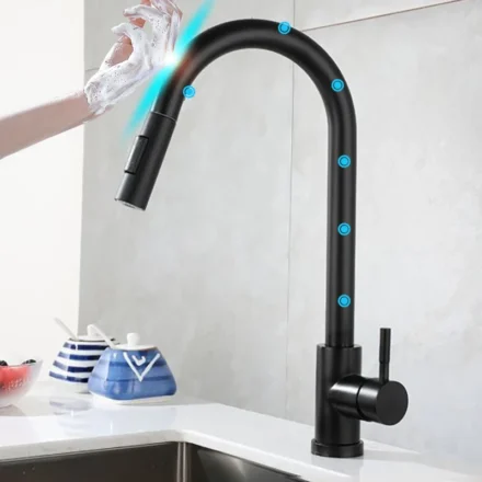 สมาร์ทสัมผัสบนก๊อกน้ําห้องครัว 304 สแตนเลสสตีลร้อนเย็นอ่างล้างจานแตะสีดํา Sensor Touch อ่างล้างจานก๊อกน้ํา 1