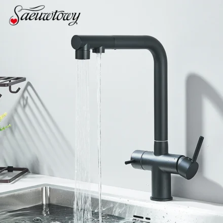 ดึงน้ำกรองก๊อกน้ำสำหรับห้องครัว360หมุน Pure ก๊อกน้ำ Deck ติดตั้งร้อนเย็นน้ำผสม Crane ที่จับแบบคู่ 1