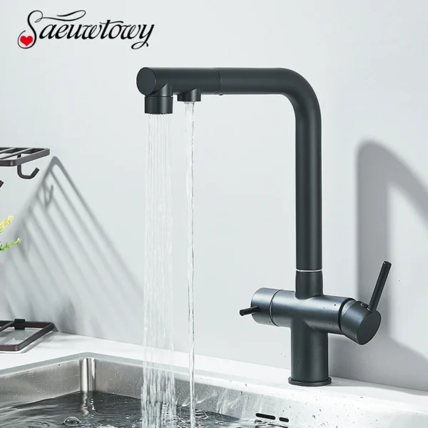 ดึงน้ำกรองก๊อกน้ำสำหรับห้องครัว360หมุน Pure ก๊อกน้ำ Deck ติดตั้งร้อนเย็นน้ำผสม Crane ที่จับแบบคู่ 1