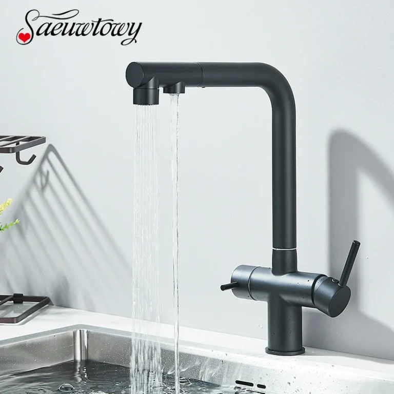 ดึงน้ำกรองก๊อกน้ำสำหรับห้องครัว360หมุน Pure ก๊อกน้ำ Deck ติดตั้งร้อนเย็นน้ำผสม Crane ที่จับแบบคู่ 1