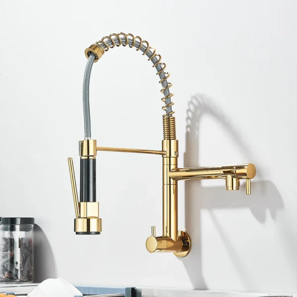 Golden ก๊อกน้ำห้องครัวฤดูใบไม้ผลิด้านข้างหมุน Sprayer Dual Spout ก๊อกน้ำอ่างล้างจานก๊อกน้ำเย็น 360 หมุน 1