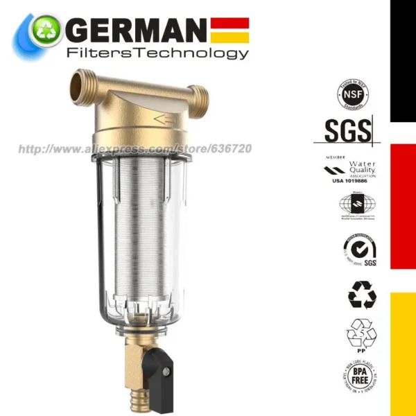 WSP50 กรองน้ําตะกอนแบบหมุนได้ทั้งบ้านแบบใช้ซ้ําได้, การกรองล่วงหน้าแบบฟลัชฟลัชได้ 50 ไมครอน, ทองเหลืองไร้สารตะกั่ว 1
