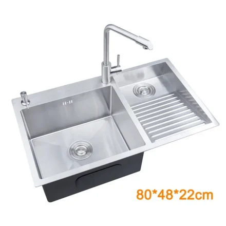 304 Stainless Steel Manual Kitchen Sink Single Bowl 80x48cm Above Counter / Undermount with Washboard & Dispenser 1