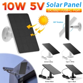 แผงโซลาร์เซลล์ 10W 5V พร้อมขายึดปรับได้ 360 องศา แบบโมโนคริสตัลไลน์ สำหรับชาร์จกล้องวงจรปิด IP กล้องออด พอร์ต Type-C/DC5521 2