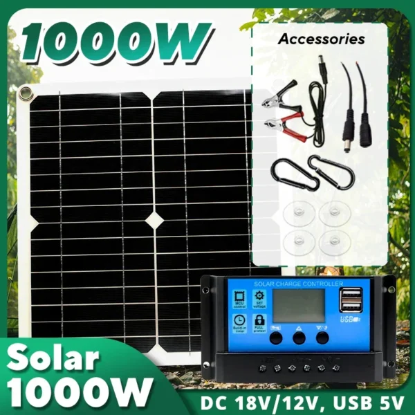 เครื่องควบคุม10A-100A เซลล์แสงอาทิตย์12V แผงโซล่า1000W, แผงเซลล์แสงอาทิตย์สำหรับรถยนต์ RV คาราวานบ้านตั้งแคมป์กลางแจ้งแบตเตอรี่ 1