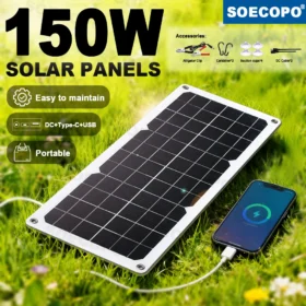แผงโซลาร์เซลล์โมโนคริสตัลไลน์ SOECOPO 150W พร้อมพอร์ต USB/Type-C/DC สามช่องสำหรับการตั้งแคมป์/รถบ้าน/ไฟฉุกเฉิน 1