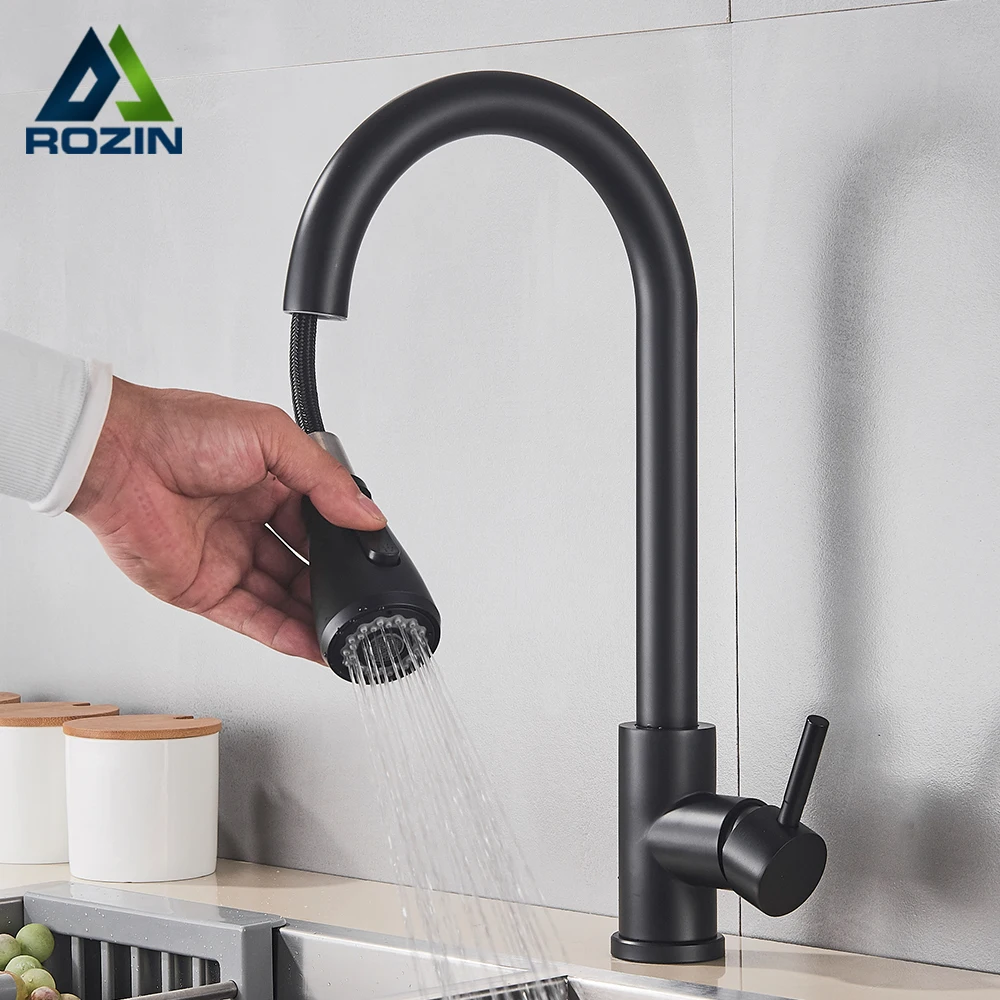 Rozin สีดําก๊อกน้ําห้องครัวเดี่ยวดึง Spout อ่างล้างจาน TAP Stream Sprayer หัว Chrome/สีดํา Mixer TAP 1 Rozin สีดําก๊อกน้ําห้องครัวเดี่ยวดึง Spout อ่างล้างจาน TAP Stream Sprayer หัว Chrome/สีดํา Mixer TAP 1