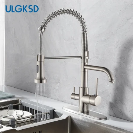 ULGKSD ก๊อกน้ําห้องครัวทองเหลือง 360 หมุนดึงลงสเปรย์หัวคู่ร้อนเย็นน้ํา TAP ตรงก๊อกน้ําดื่ม 1