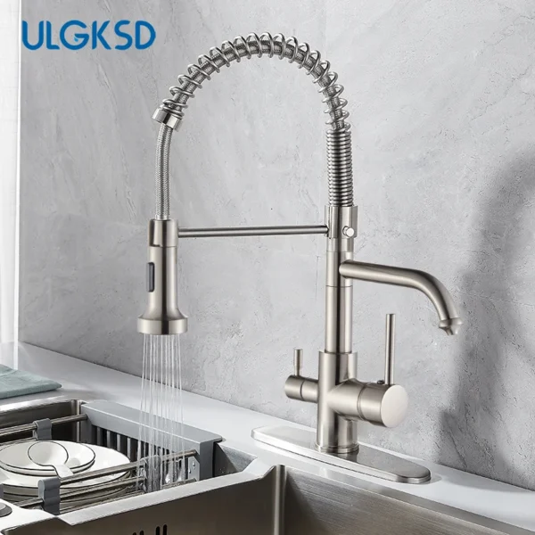 ULGKSD ก๊อกน้ําห้องครัวทองเหลือง 360 หมุนดึงลงสเปรย์หัวคู่ร้อนเย็นน้ํา TAP ตรงก๊อกน้ําดื่ม 1