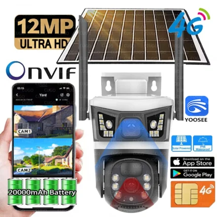 กล้องวงจรปิดพลังงานแสงอาทิตย์ 12MP 6K สำหรับภายนอกอาคาร รองรับซิมการ์ด 4G ไร้สาย กล้อง IP กันน้ำ พร้อมเซ็นเซอร์ตรวจจับความเคลื่อนไหว PIR มองเห็นภาพสีในเวลากลางคืน รองรับแอป YOOSEE 1