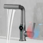 ก๊อกน้ำอเนกประสงค์แบบน้ำตก 4 โหมด พร้อมหัวฉีดแบบดึงออกได้ สำหรับห้องน้ำและห้องครัว พร้อมหน้าจอ LED อัจฉริยะ 4