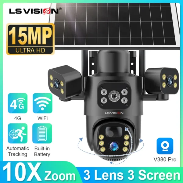 LS VISION 4G/WiFi พลังงานแสงอาทิตย์กล้อง 3 เลนส์กลางแจ้ง 15MP 4K ต่ําแบตเตอรี่กล้อง IP PIR Night Vision V380 Pro กล้องวงจรปิดความปลอดภัย 1