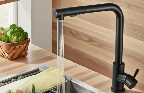 ก๊อกน้ำอ่างล้างจานแบบดึงออกได้ สีดำ รุ่นสองหัวฉีด สตรีมและสเปรย์  ทำจากสแตนเลส  ผสมน้ำร้อนน้ำเย็น  ติดตั้งบนเคาน์เตอร์ 1