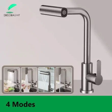 น้ําตกดึงออกก๊อกน้ําห้องครัวสีเทาร้อนเย็นผสมก๊อกหมุนได้อ่างล้างจานอ่างล้างหน้าก๊อกน้ํา Stream Sprayer ดาดฟ้าติดตั้งน้ําผสม 1