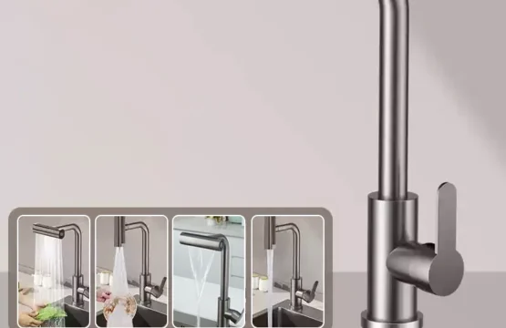 น้ําตกดึงออกก๊อกน้ําห้องครัวสีเทาร้อนเย็นผสมก๊อกหมุนได้อ่างล้างจานอ่างล้างหน้าก๊อกน้ํา Stream Sprayer ดาดฟ้าติดตั้งน้ําผสม 1