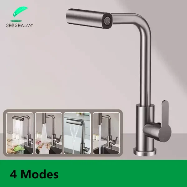 น้ําตกดึงออกก๊อกน้ําห้องครัวสีเทาร้อนเย็นผสมก๊อกหมุนได้อ่างล้างจานอ่างล้างหน้าก๊อกน้ํา Stream Sprayer ดาดฟ้าติดตั้งน้ําผสม 1