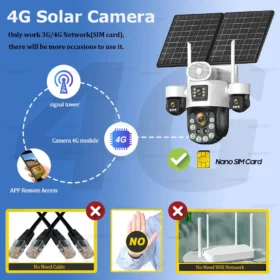 กล้องวงจรปิดพลังงานแสงอาทิตย์ 4 เลนส์ รองรับซิม 4G ซูมออปติคอล 60 เท่า ติดตามบุคคล ใช้งานกลางแจ้ง แบตเตอรี่ 31200 มิลลิแอมป์ บันทึก 24 ชั่วโมง กล้องรักษาความปลอดภัยแบบ IP 2