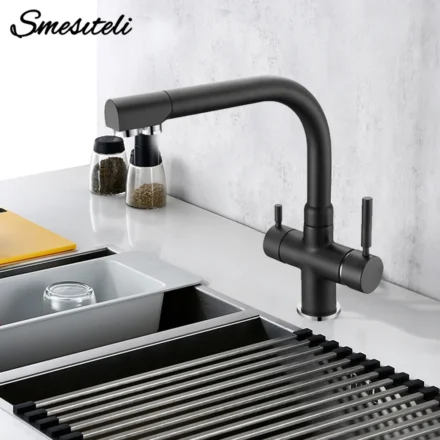 Smesiteli โปรโมชั่นทองเหลืองสามวิธี Matte สีดำ/สีขาวห้องครัวก๊อกน้ำ Osmosis Tri กระแสเงินสดอ่างล้างจาน 3 ทาง filter Tap 1