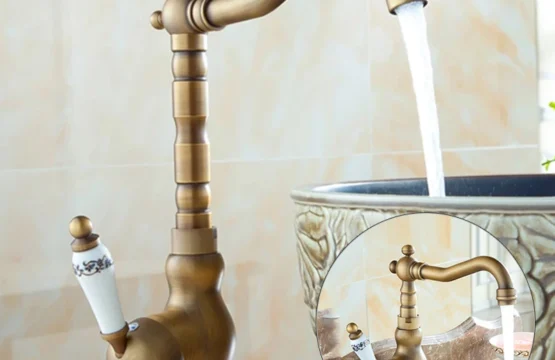 ทองเหลืองโบราณเซรามิคอ่างล้างหน้าก๊อกน้ําโบราณ Rotatble ก๊อกน้ําห้องน้ําก๊อกน้ําห้องครัวร้อนเย็น Mixer Crane ก๊อกน้ําห้องครัว 1