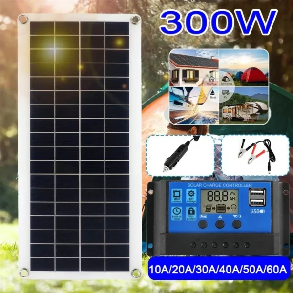แผงโซลาร์เซลล์ 300W 150W 12V พร้อมตัวควบคุม 10A-60A สำหรับชาร์จโทรศัพท์ รถบ้าน รถยนต์ เครื่องเล่น MP3 แท็บเล็ต แบตเตอรี่สำรองกลางแจ้ง 1