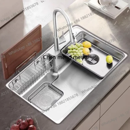 อ่างล้างจานอเนกประสงค์ ชามล้างผักเดี่ยว สแตนเลส 304 หนาพิเศษ ผลิตด้วยมือ ล้าง/หั่น/สะเด็ดน้ำในอ่างเดียว ครบชุด 1